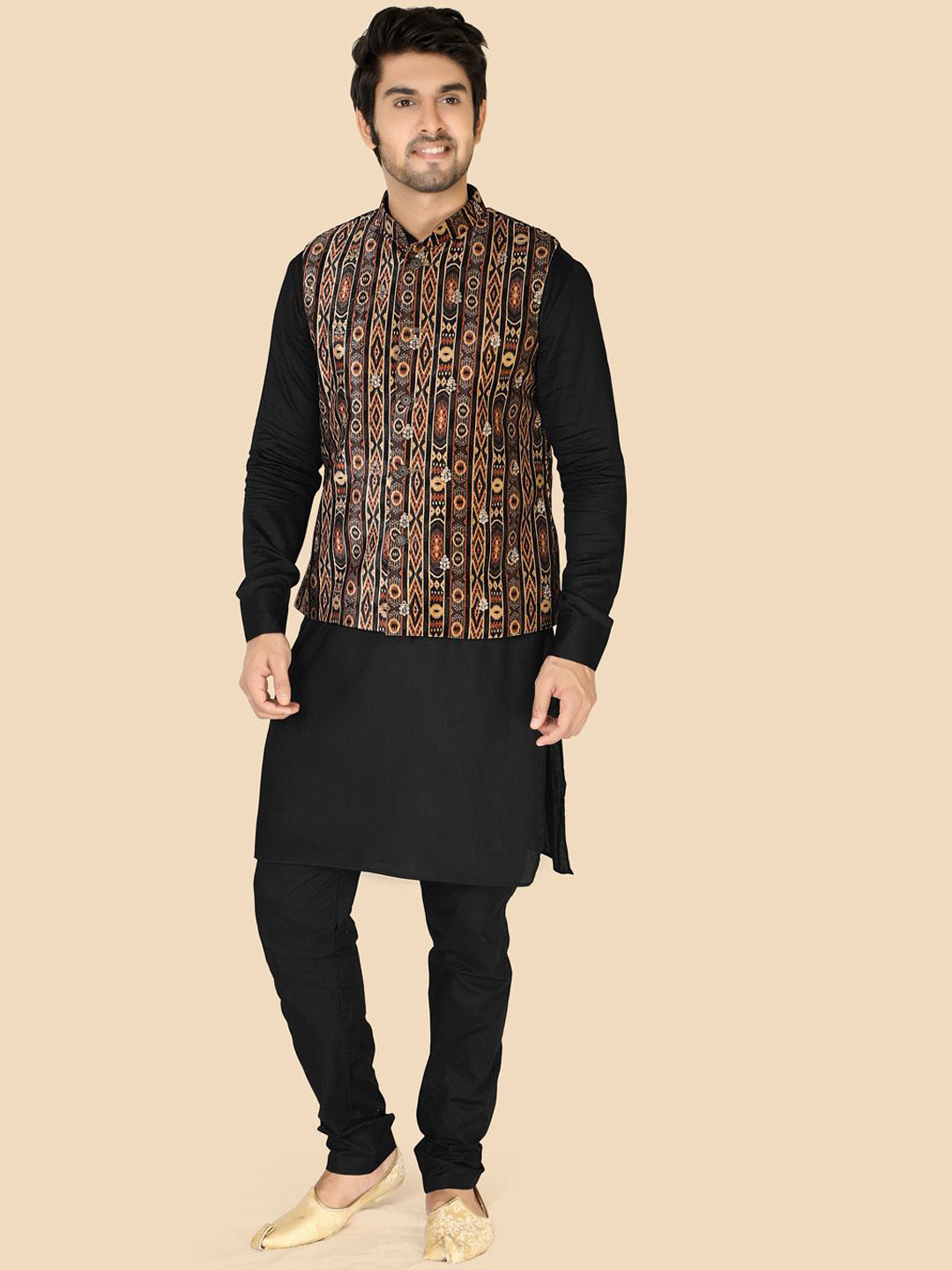 Ethniks Neu-Ron Mandarin Collar Velvet Straight Kurta With Churidar