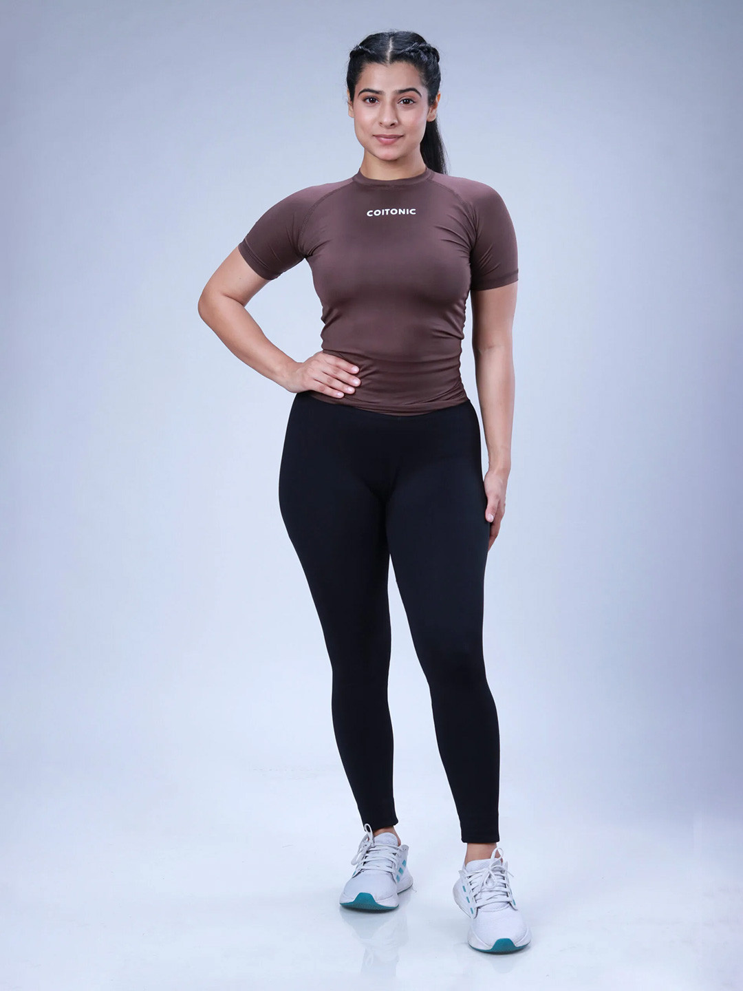 Coitonic Women Typography Printed Short Sleeves Compression Tshirt