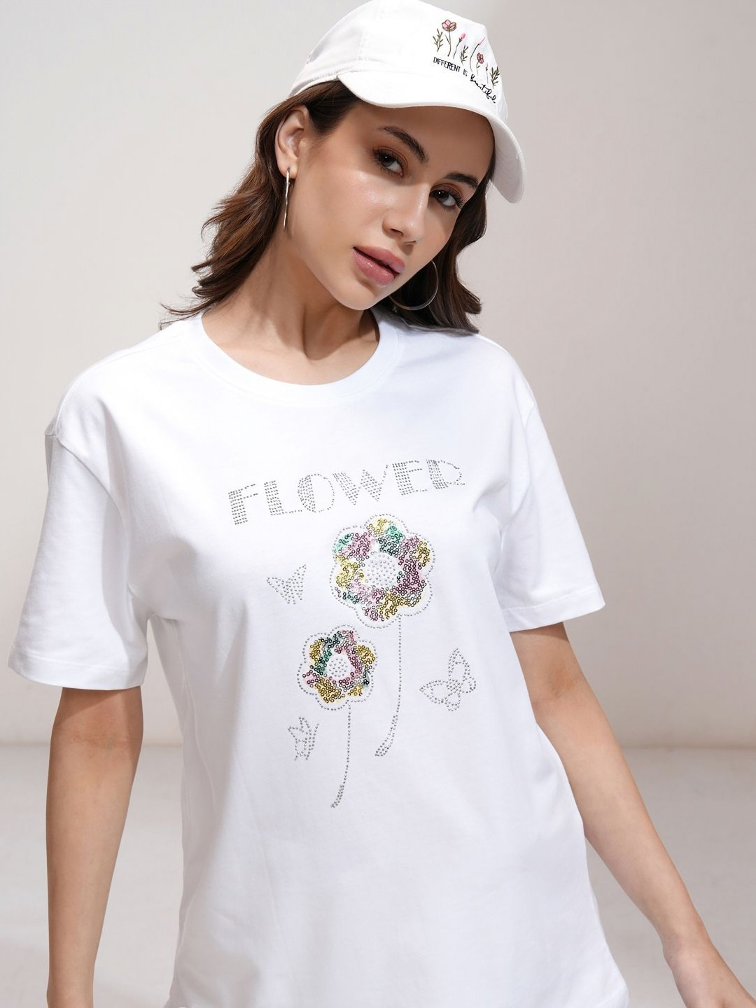 Tokyo Talkies Women Relaxed Fit Rhinestone and Sequin Embellished T-shirt