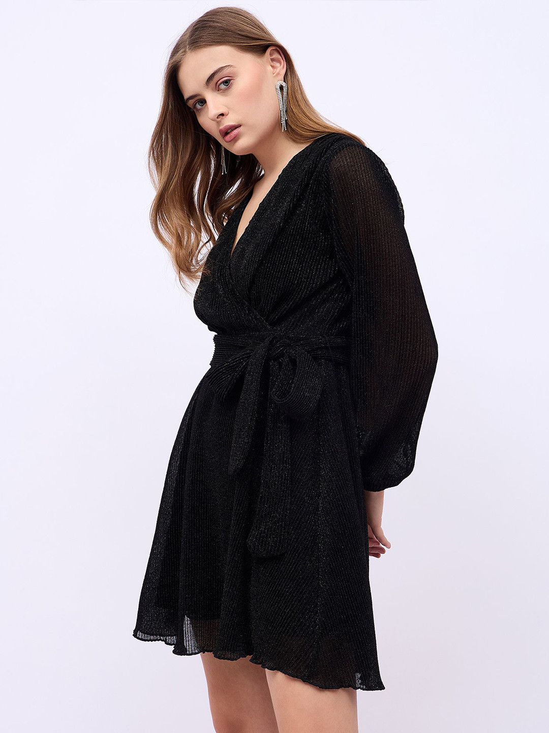 Styli Women V-Neck Wrap Mini Dress With Volume Sleeves