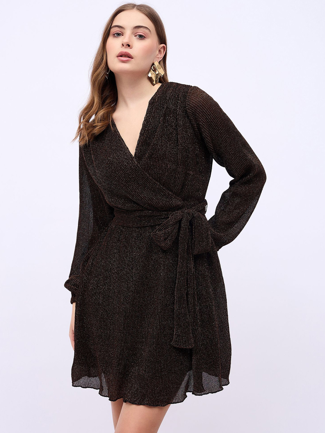 Styli Women V-Neck Wrap Mini Dress With Volume Sleeves