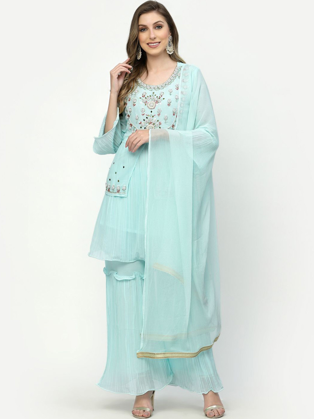 TS LIFESTYLE Floral Embroidered Beads Work Georgette Kurta With Sharara & Dupatta
