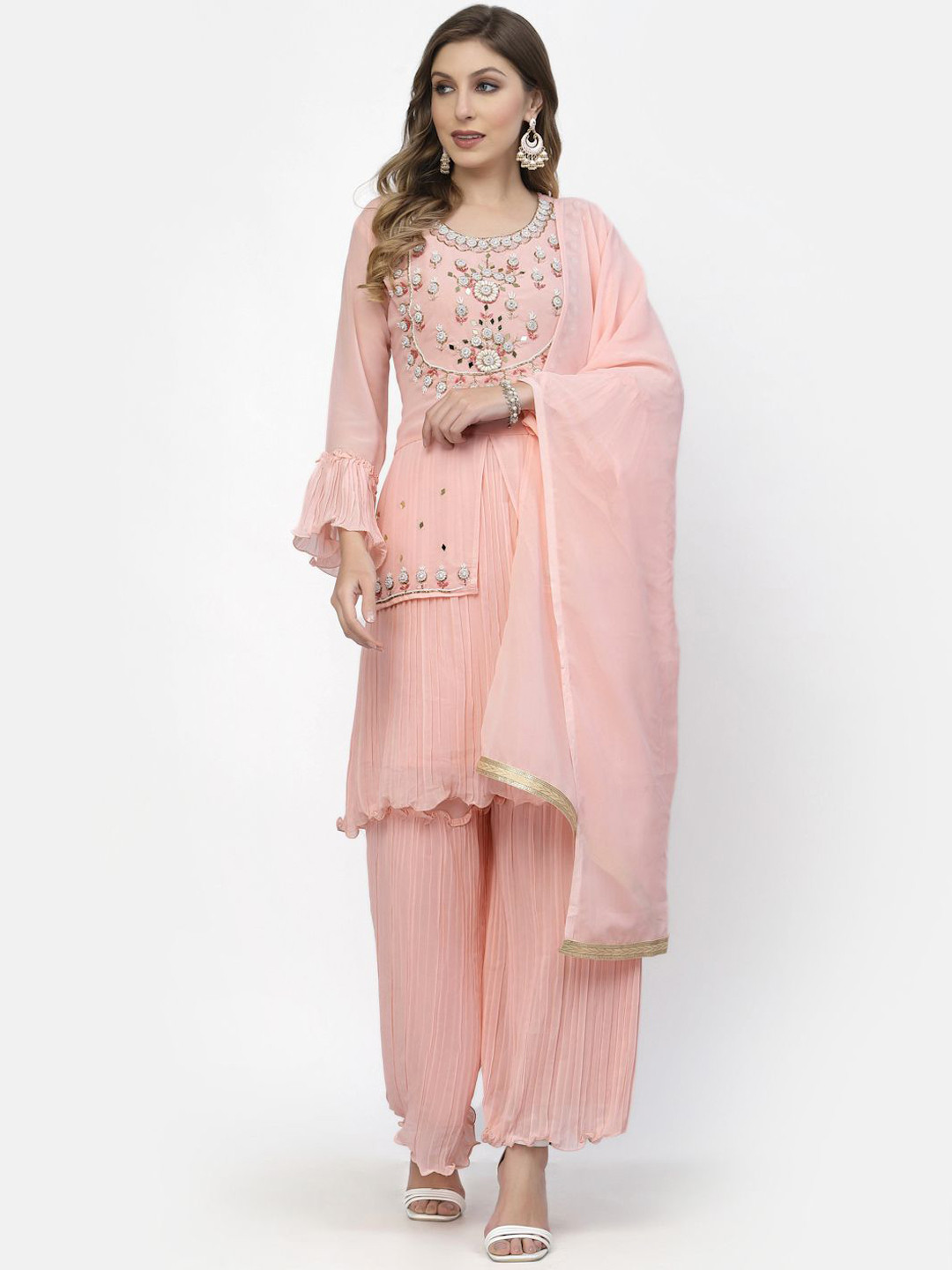 TS LIFESTYLE Floral Embroidered Beads Work Georgette Kurta With Sharara & Dupatta