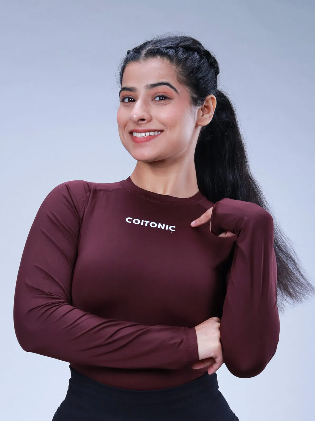 Coitonic Women Typography Printed Long Sleeves Compression Tshirt