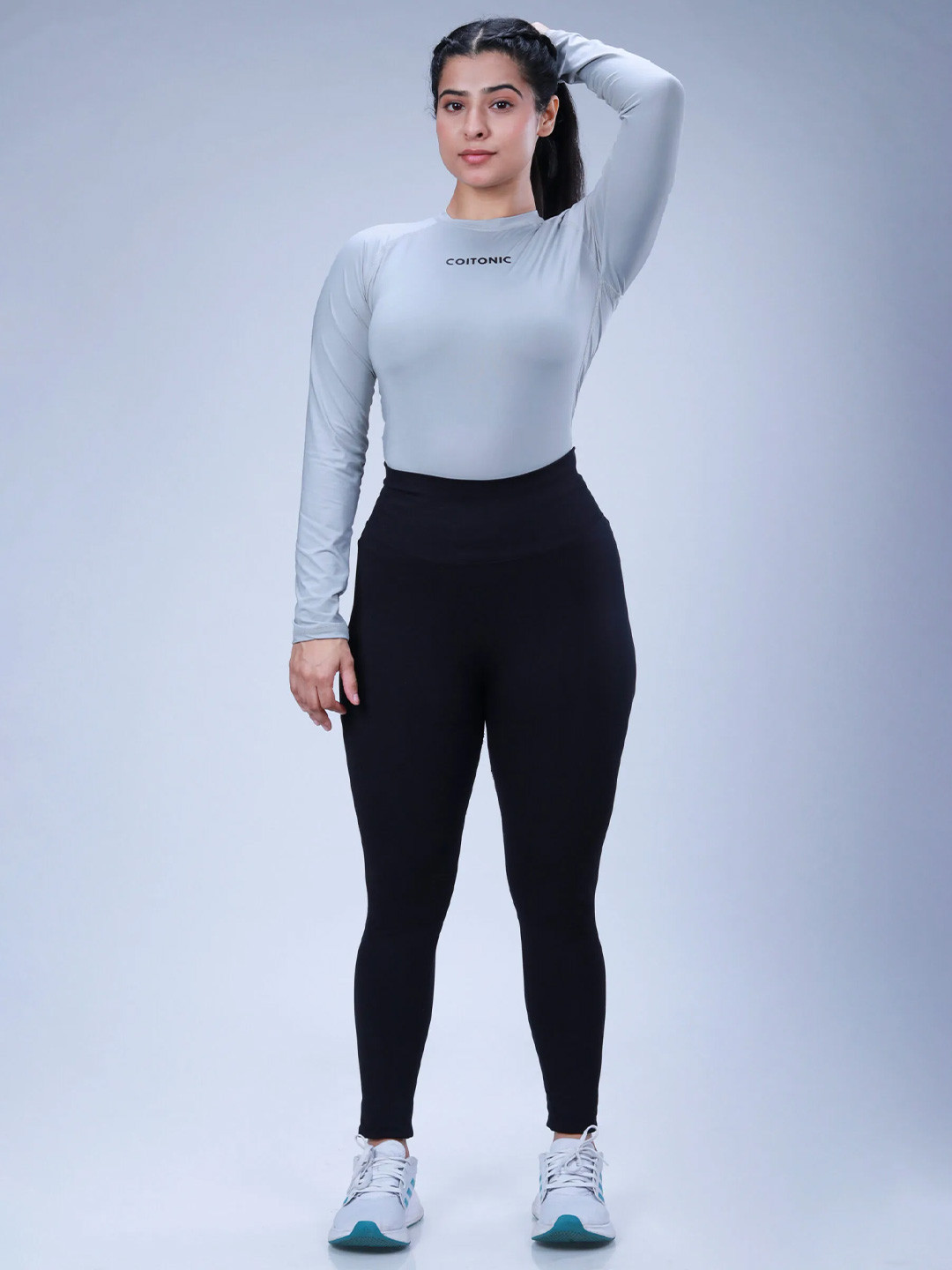 Coitonic Women Typography Printed Long Sleeves Compression Tshirt