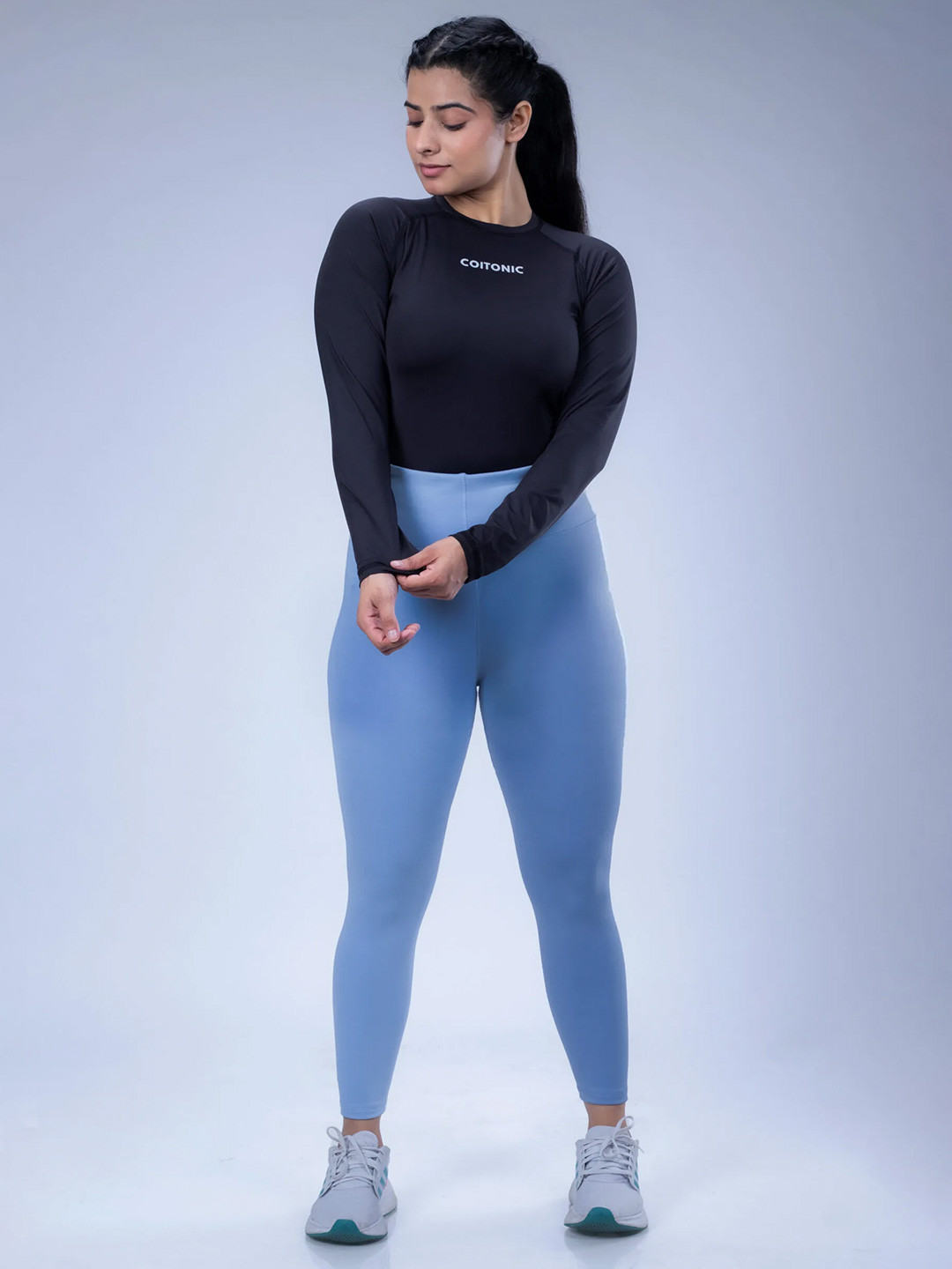 Coitonic Women Typography Printed Long Sleeves Compression Tshirt