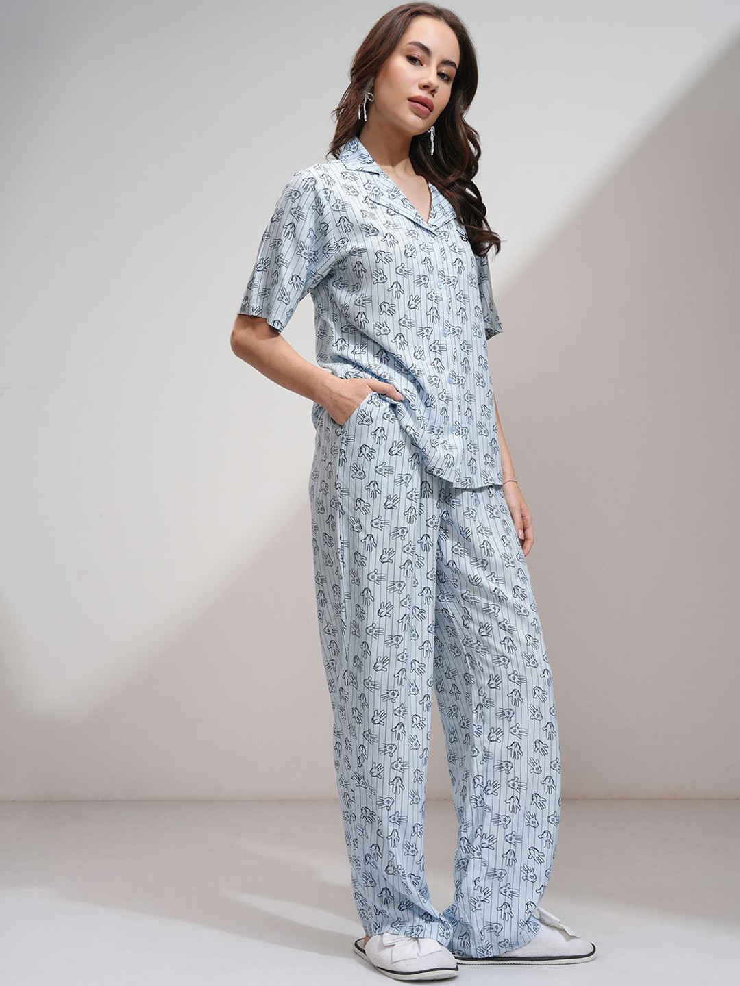 Tokyo Talkies Cartoon Characters Printed Lapel Collar Shirt With Pyjamas Night Suits