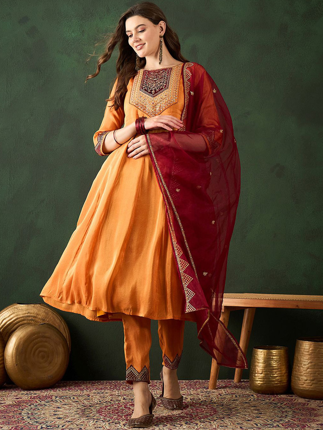 Sangria Orange Sequence Round Neck Anarkali Kurta With Trouser And Dupatta