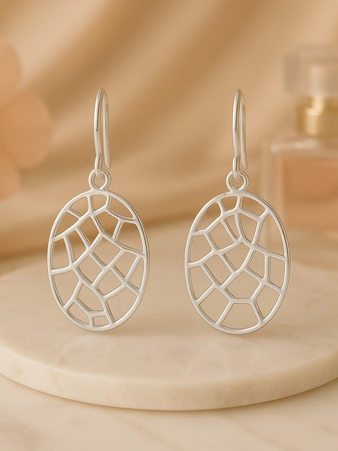 Nipura 925 Sterling Silver Rhodium-Plated CZ Studded Abstract Oval Shaped Drop Earrings