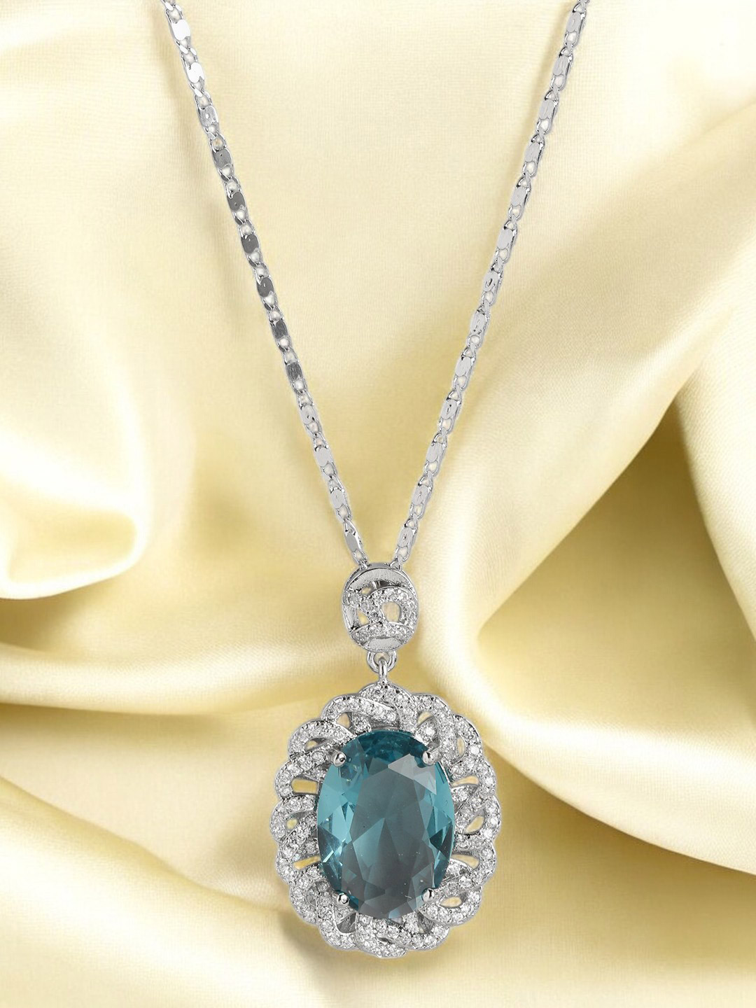 DressBerry Silver-Plated Oval Aquamarine Pendant with Chain