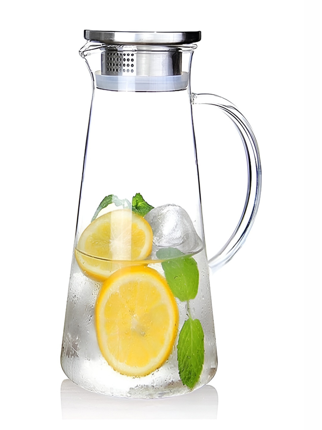 NeWine Transparent & Silver Toned Borosilicate Glass Water Jug 1.8L With Lid & Handle
