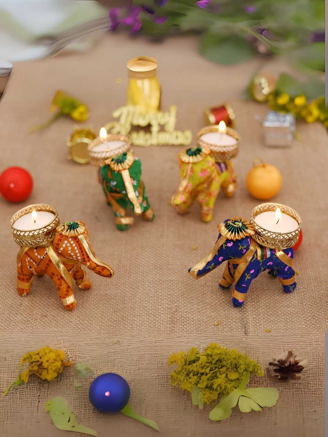 CraftVatika Gold Toned & Blue Elephant Shaped Tealight Candle Holders
