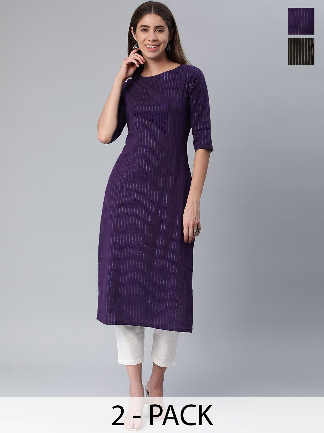 KALINI Selection Of 2 Striped Thread Work Round Neck Straight Kurtas