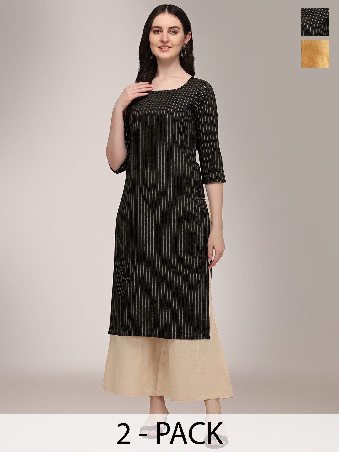 KALINI Selection Of 2 Striped Thread Work Round Neck Straight Kurtas