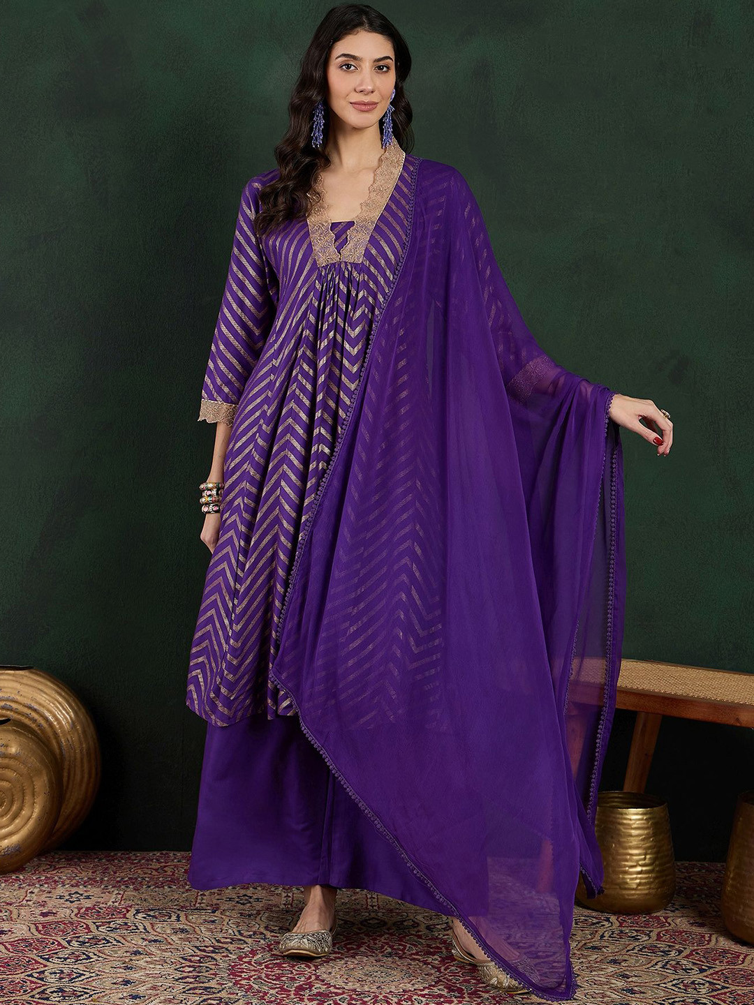Sangria Purple Chevron Printed Thread Work V-Neck Anarkali Kurta With Palazzo And Dupatta