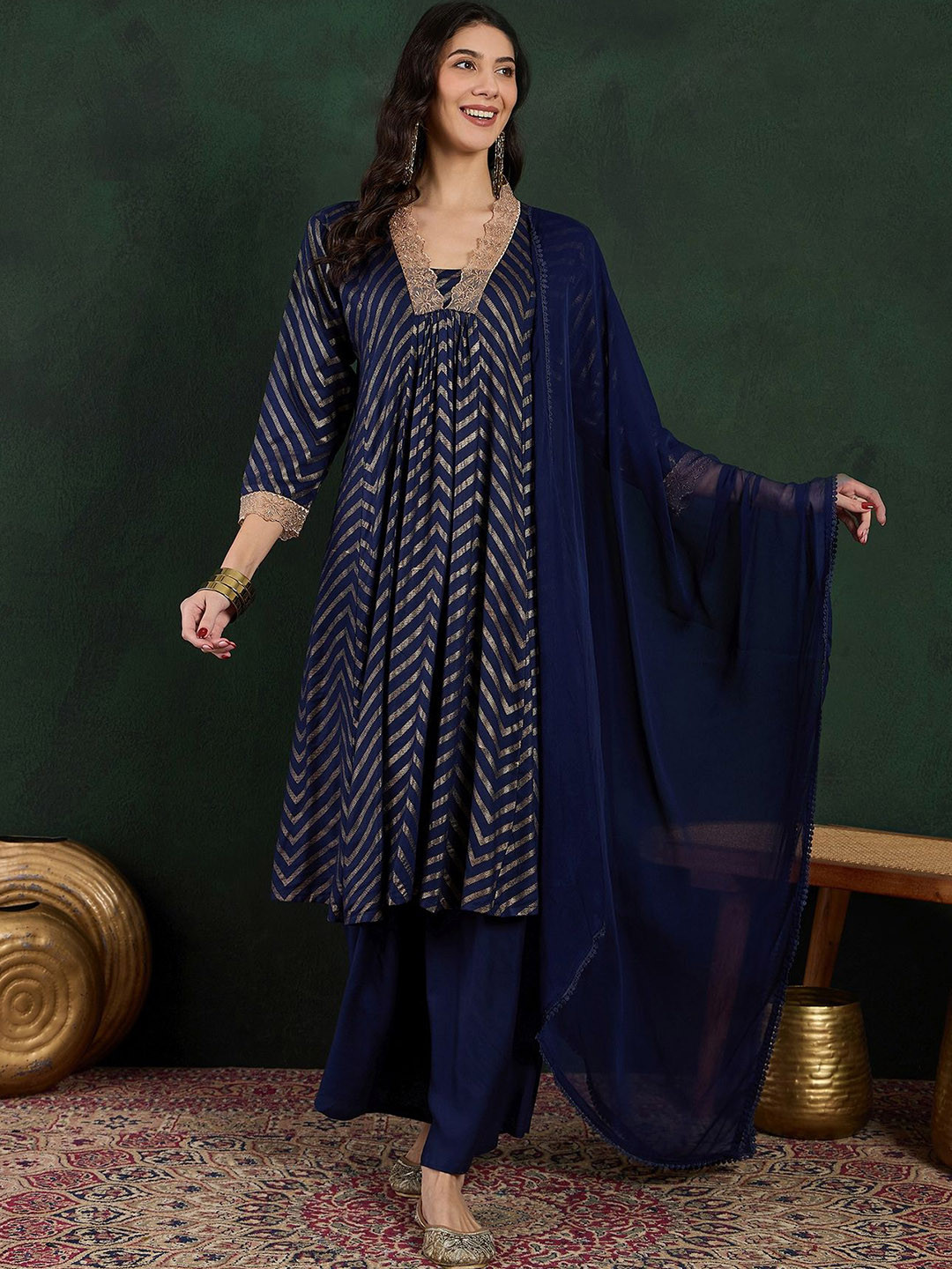Sangria Navy Blue Chevron Printed Anarkali Kurta With Palazzo And Dupatta