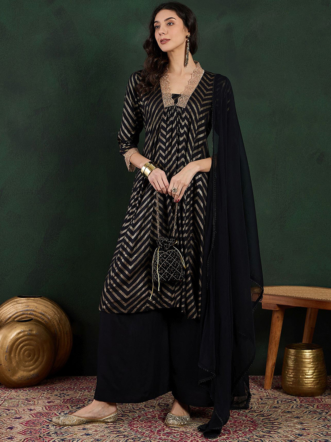 Sangria Black Chevron Printed Thread Work V-Neck Anarkali Kurta With Palazzo And Dupatta