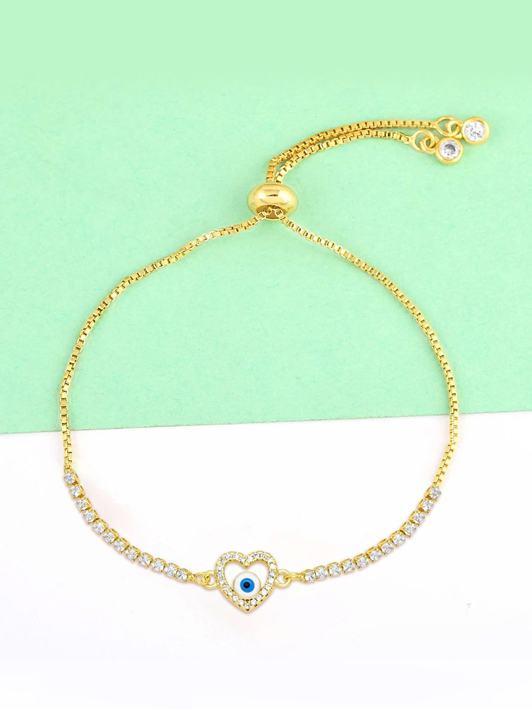 Peora Gold-Plated Cubic Zirconia Studded Evil Eye Wraparound Adjustable Slider Bracelet