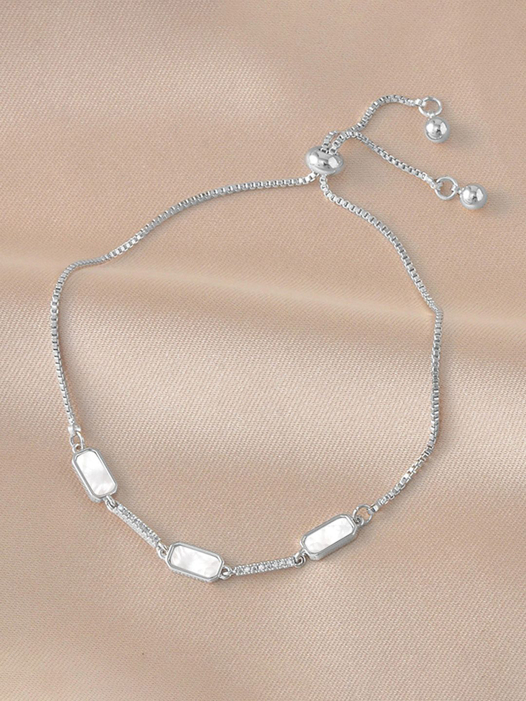 Peora Silver-Plated Mother of Pearl & Cubic Zirconia Studded Adjustable Charm Bracelet