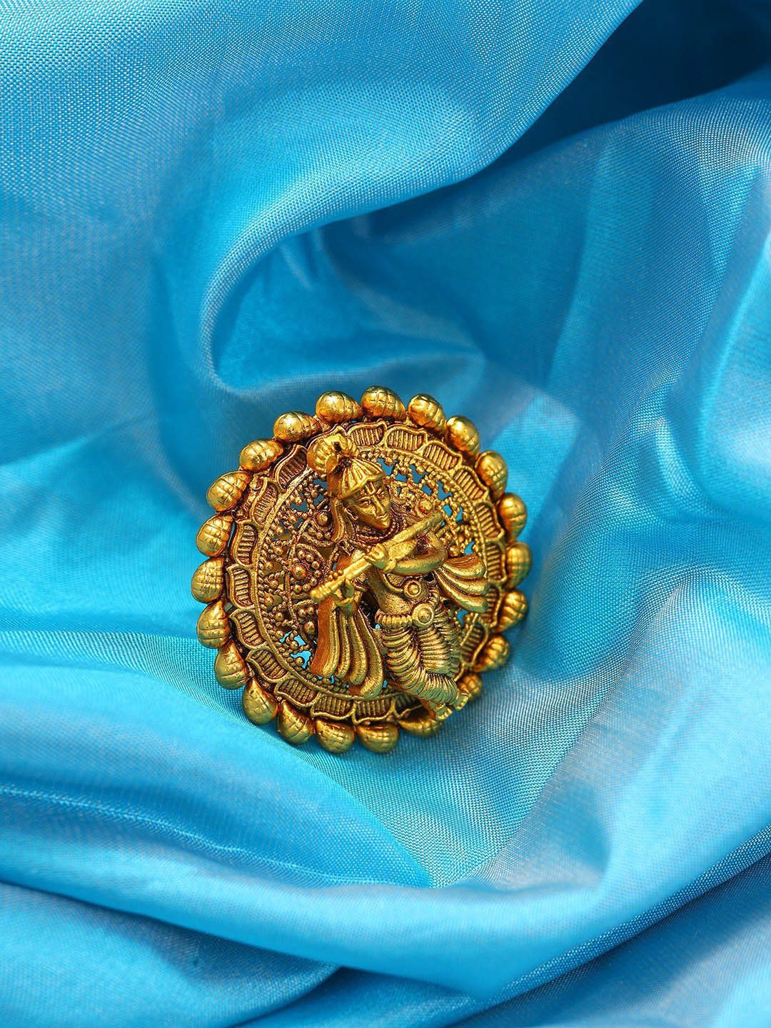 Exotic India Fluting Lord Krishna Round Shape Brass Adjustable Ring