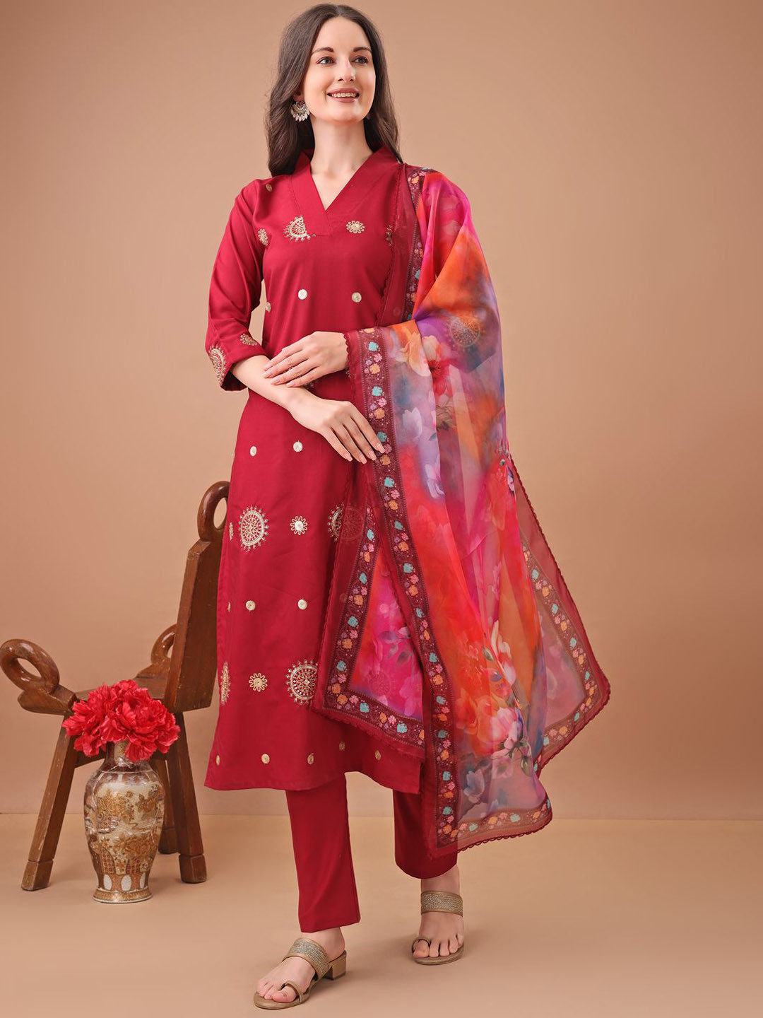 valdona Floral Embroidered v-Neck Sequinned Straight Kurta With Trousers & Dupatta