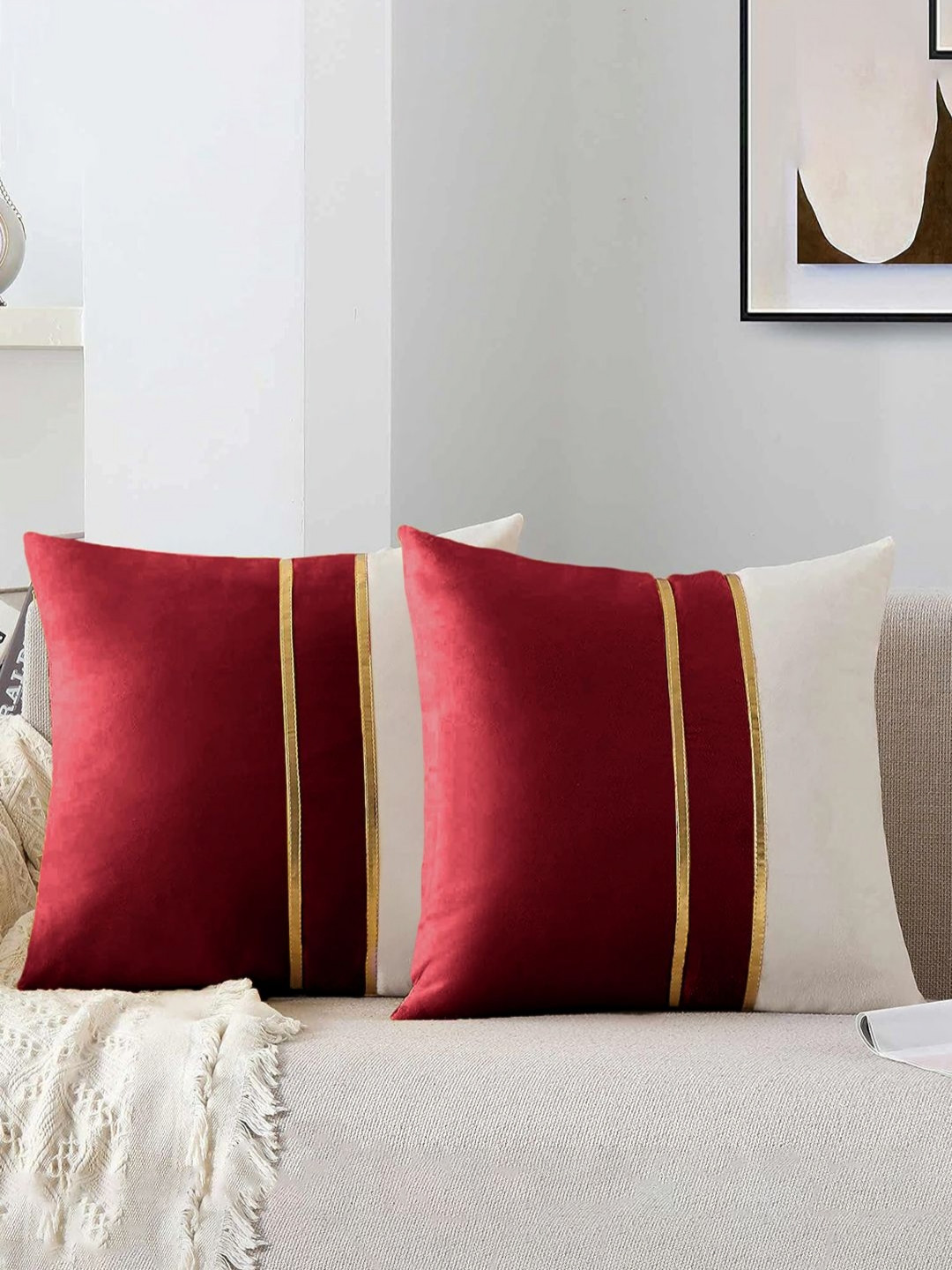AEROHAVEN Red And White 2 pieces Velvet Square Cushion Covers