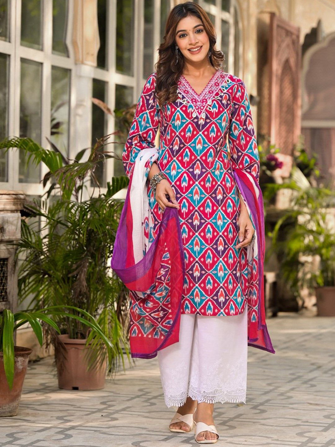 AUTUMN LANE Geometric Printed Pure Cotton Straight Kurta with Palazzos & Dupatta Set