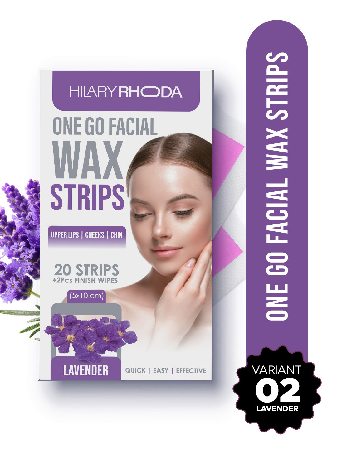 Hilary Rhoda One Go Facial Wax Strips - 20 Strips & Wipes - 2 Pieces - Lavender