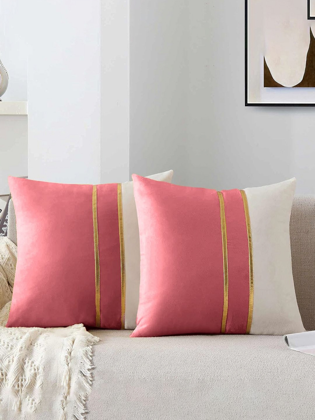 AEROHAVEN Solid Pink Colourblocked Velvet Washable 2 Piece Square Cushion Covers -18x18In