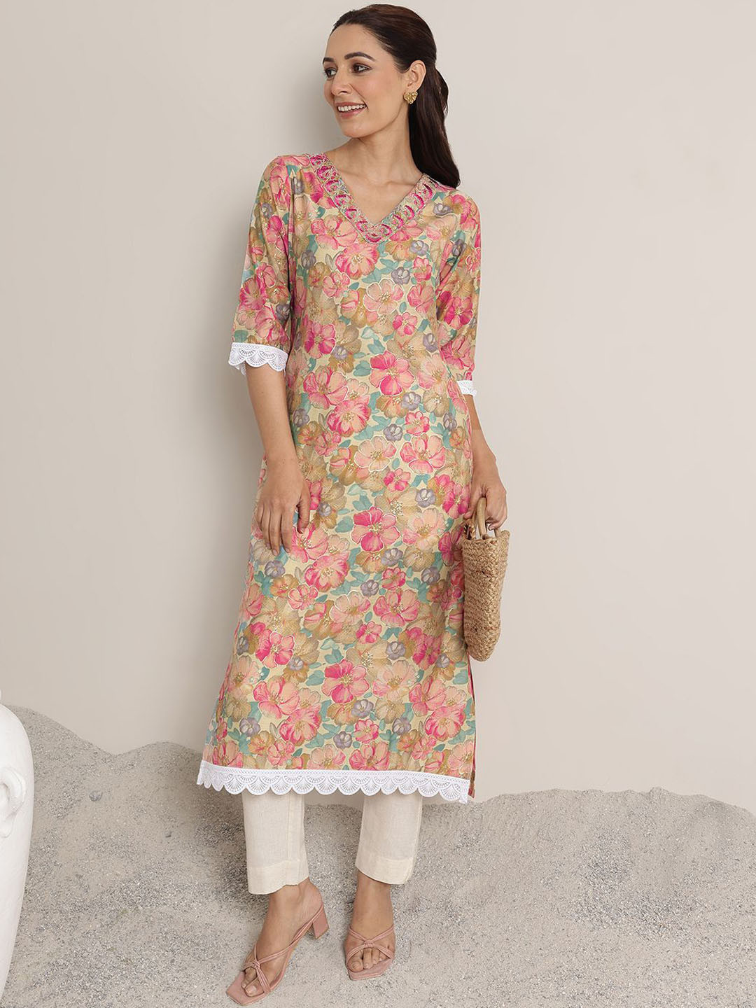 Libas Floral Printed Embroidered V-Neck Kurta