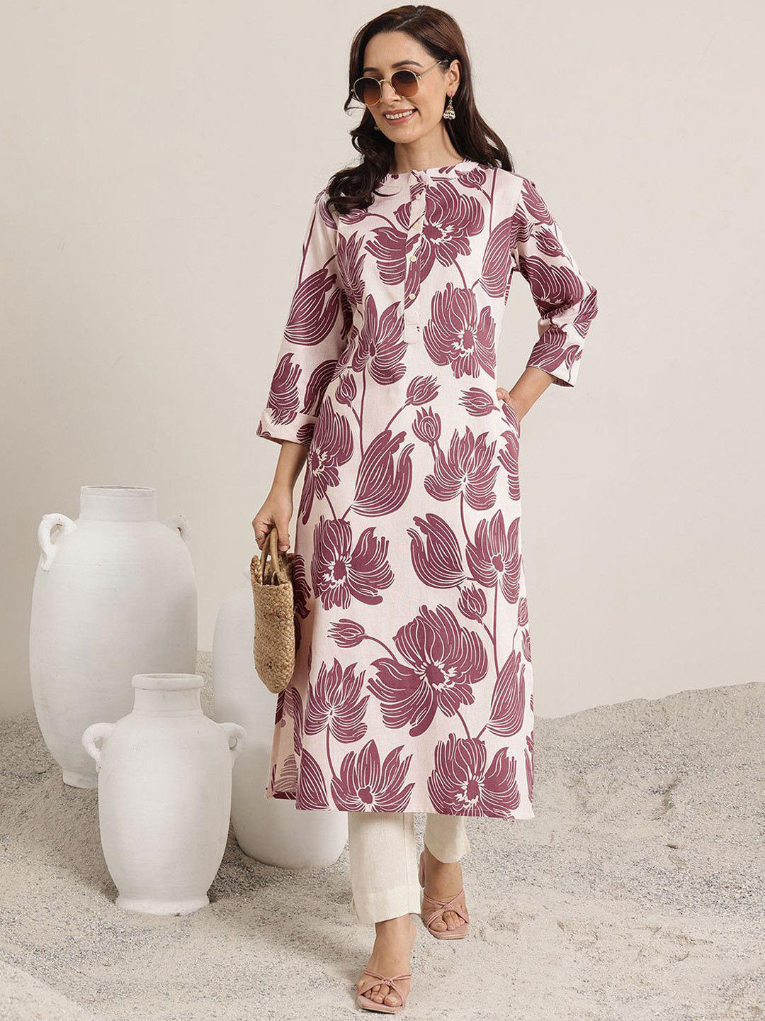 Libas Floral Printed Embroidered Mandarin Collar Kurta