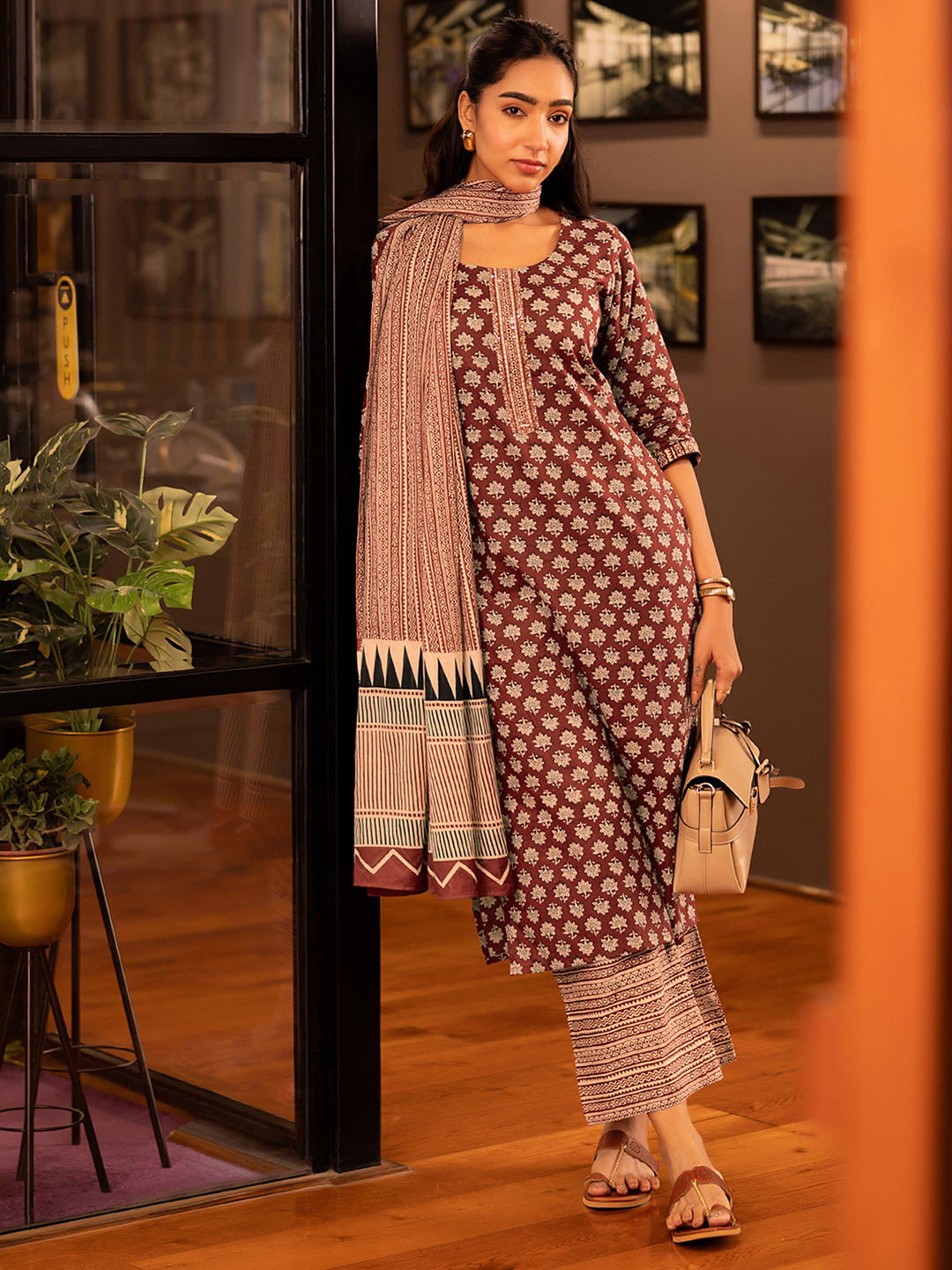 Libas Maroon Floral Printed Round Neck Sequinned Straight Kurta With Palazzos & Dupatta
