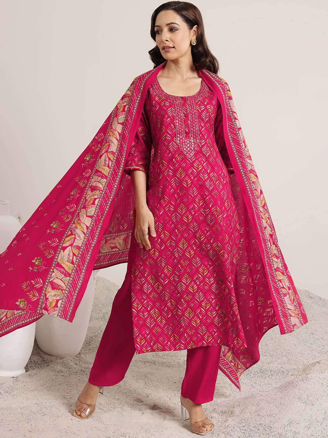 Libas Pink Floral Printed Round Neck Mirror Work Straight Kurta With Trouser & Dupatta