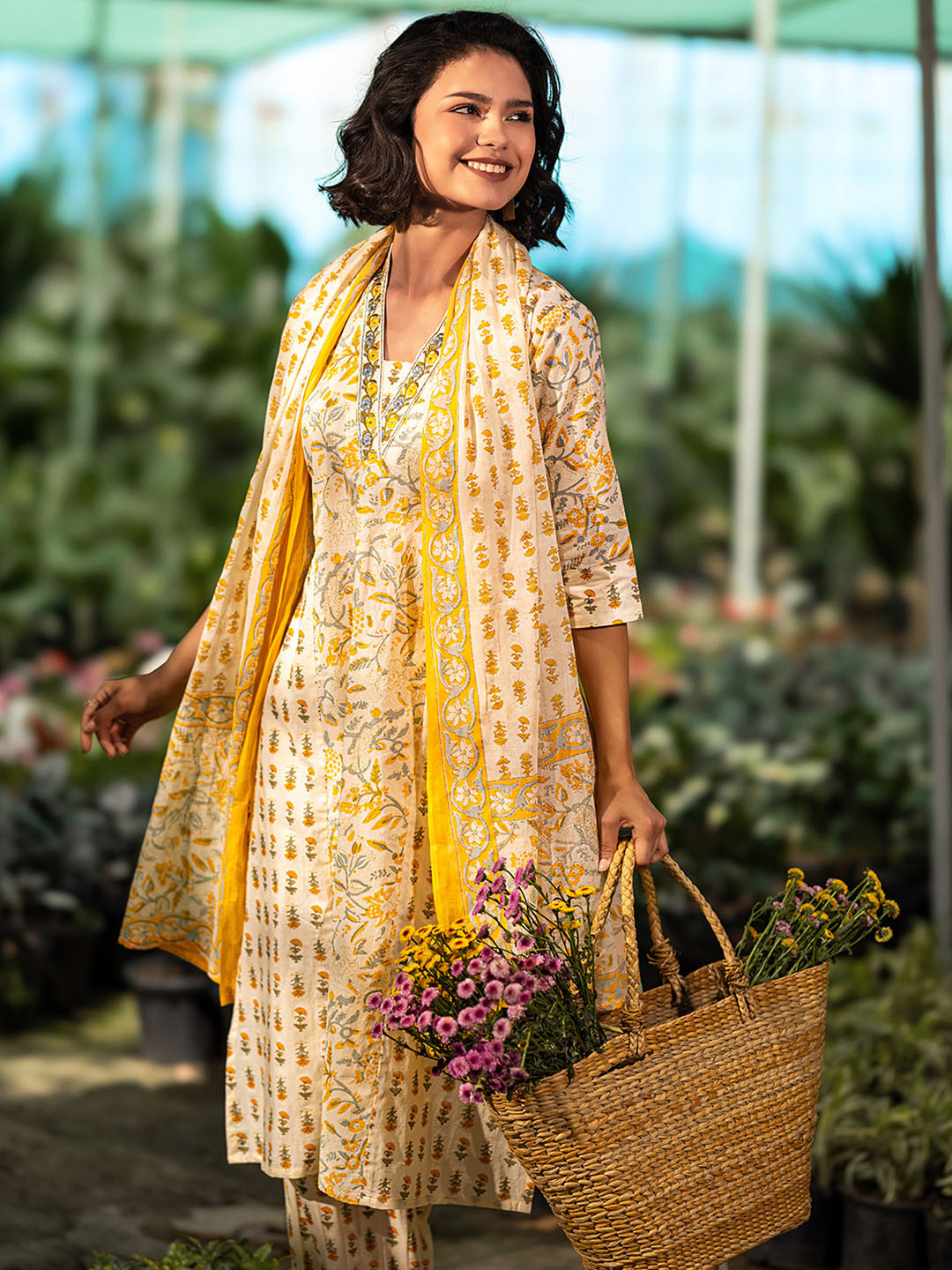 Libas Off White Floral Printed V-Neck Panelled A-Line Kurta With Salwar & Dupatta