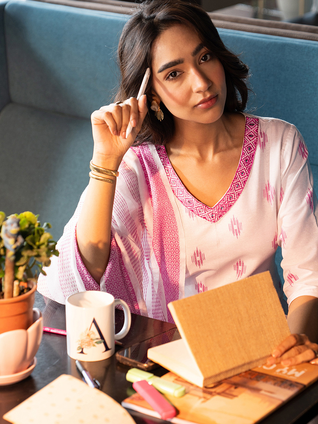 Libas Off White Abstract Woven Design Mirror Work Straight Kurta With Salwar & Dupatta