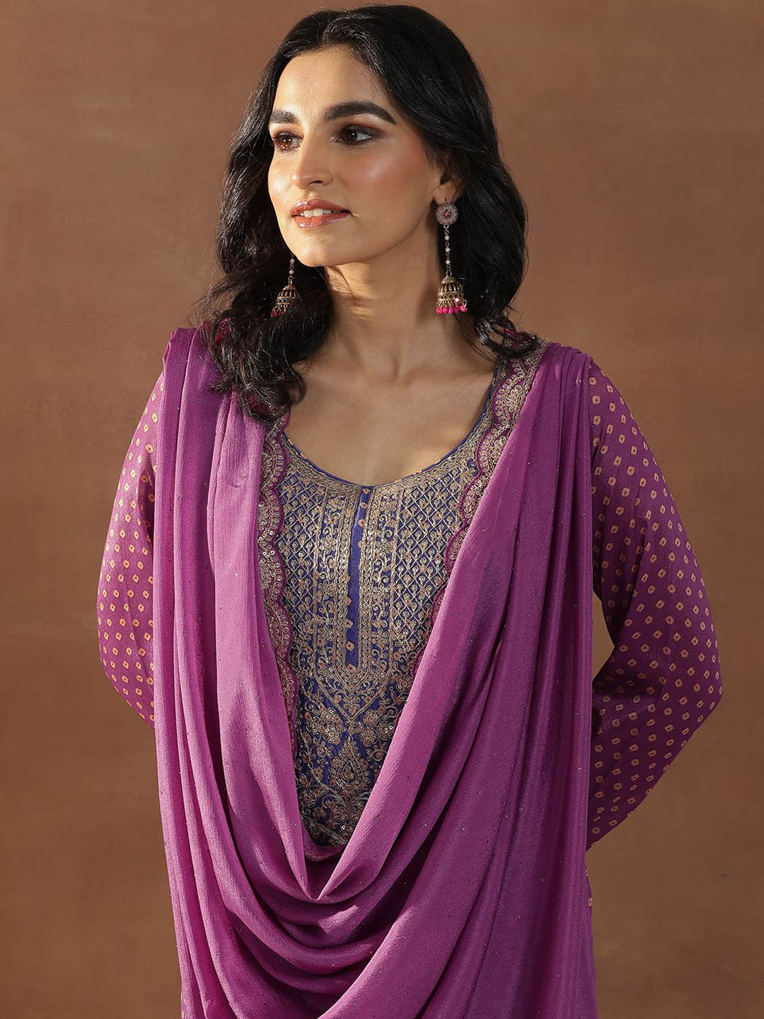 Libas Magenta Bandhani Printed Scoop Neck Straight Kurta With Trousers & Dupatta