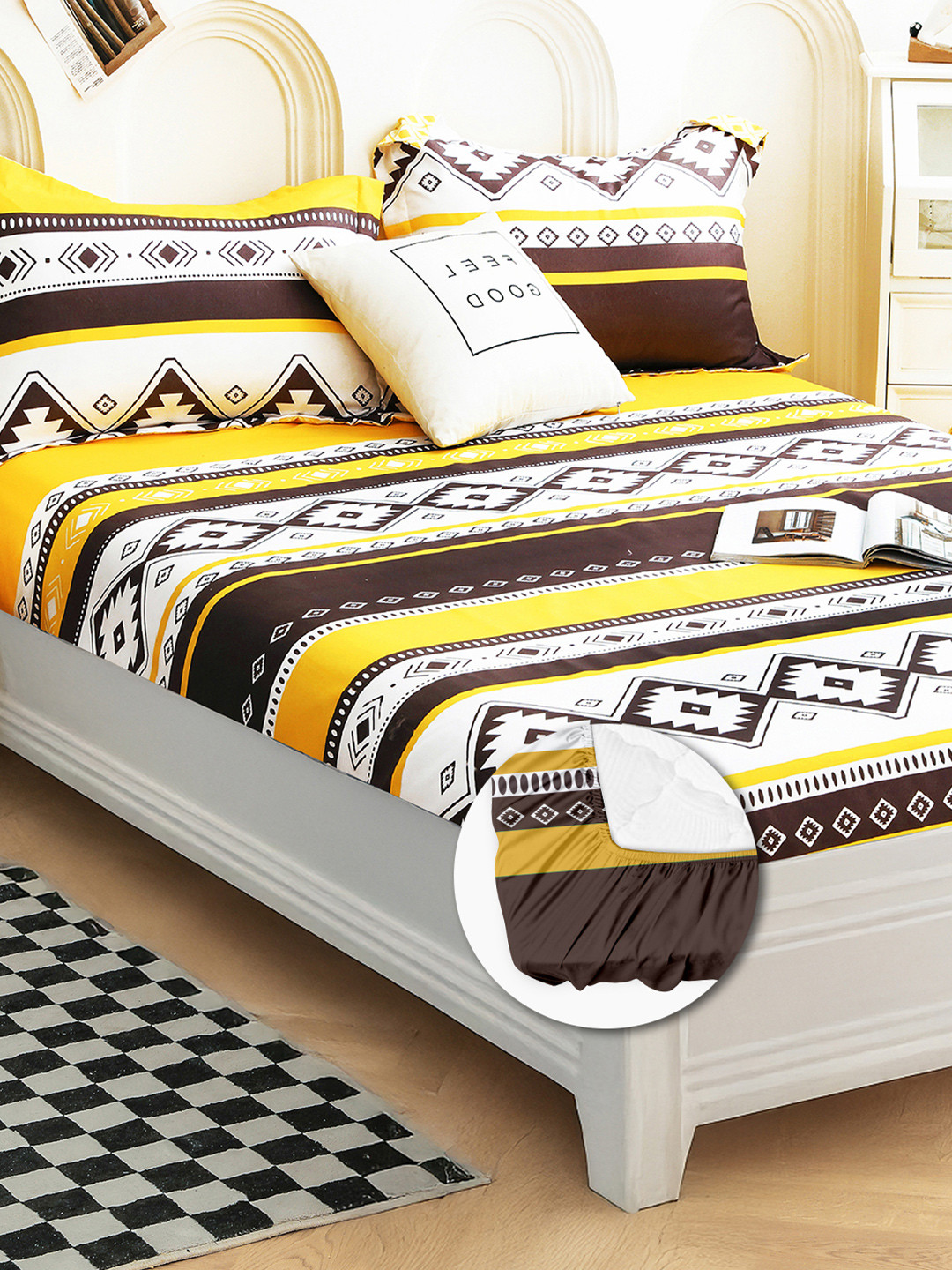 Story@home Boho Yellow Geometric Microfiber 240 TC Fitted Queen Fine Bedsheet with 2 Pillow Covers-60 x 72 inches