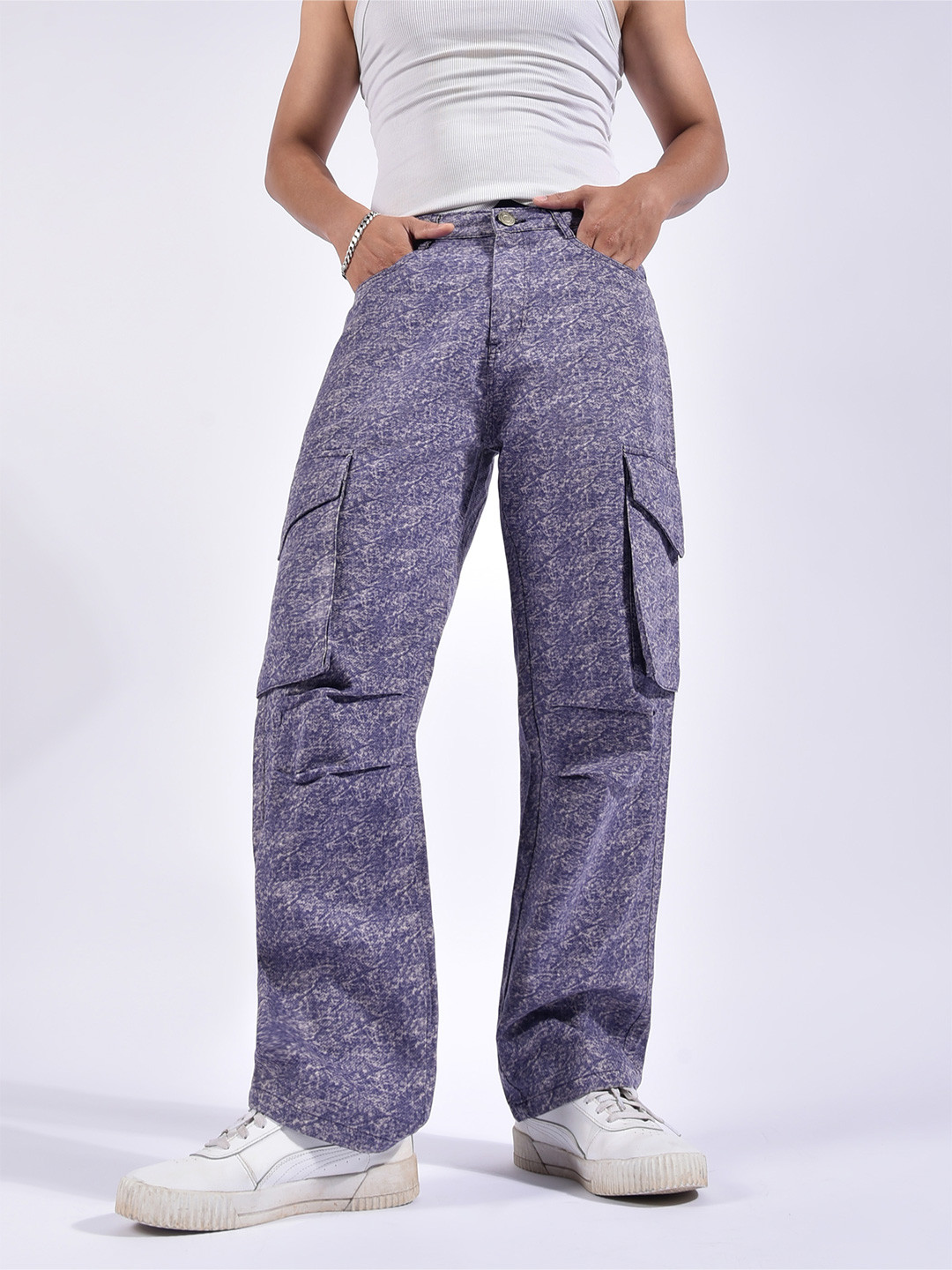Beyoung Men Purple Color Blast Cargo Pants