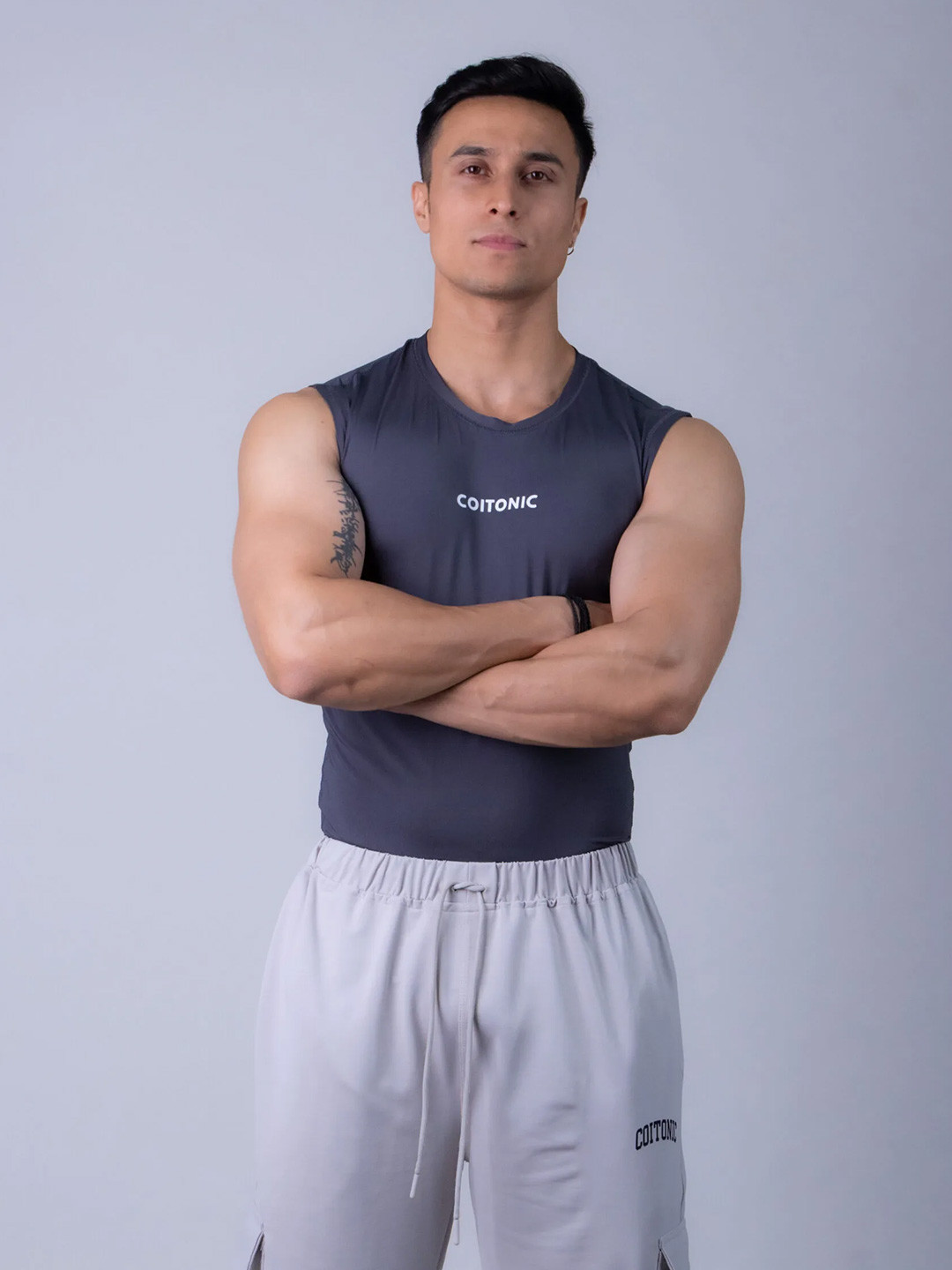 Coitonic Men Typography Printed Sleeveless Compression Tank Tshirt