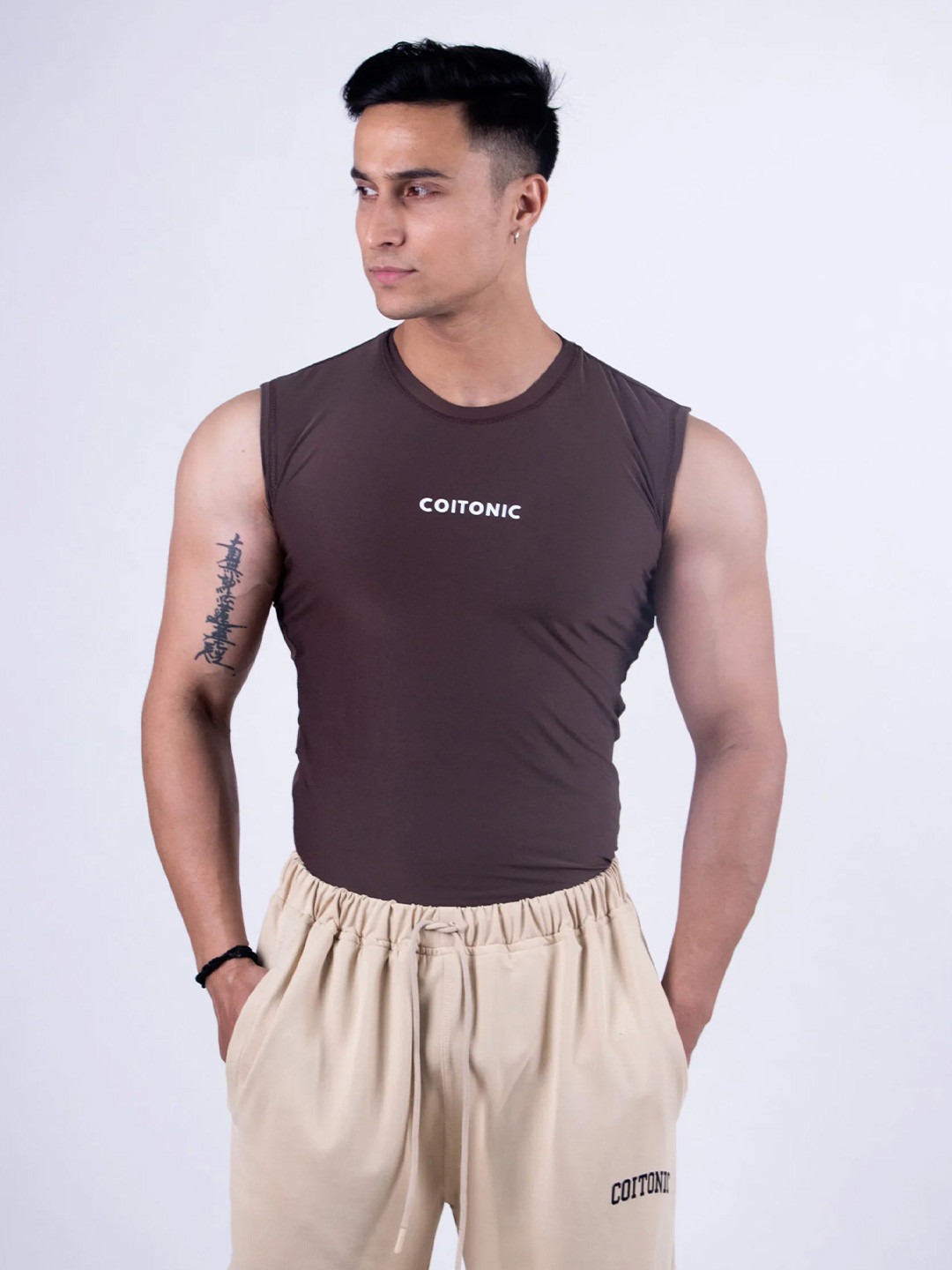 Coitonic Men Typography Printed Sleeveless Compression Tank Tshirt