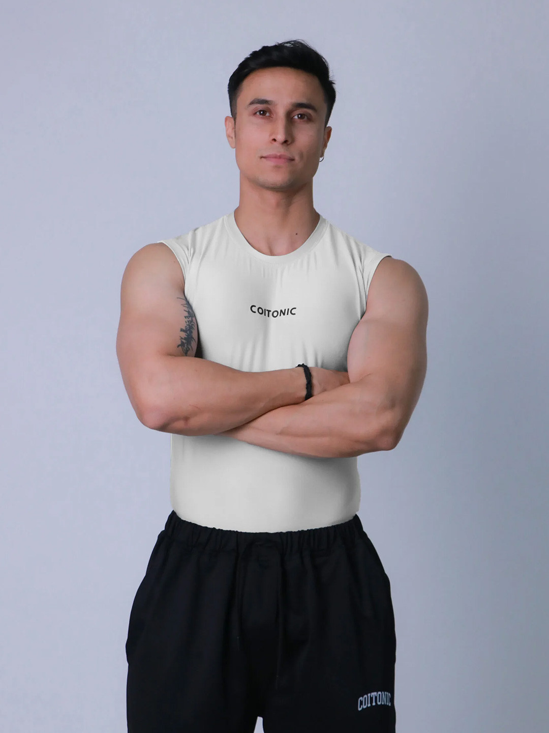 Coitonic Men Typography Printed Sleeveless Compression Tank Tshirt