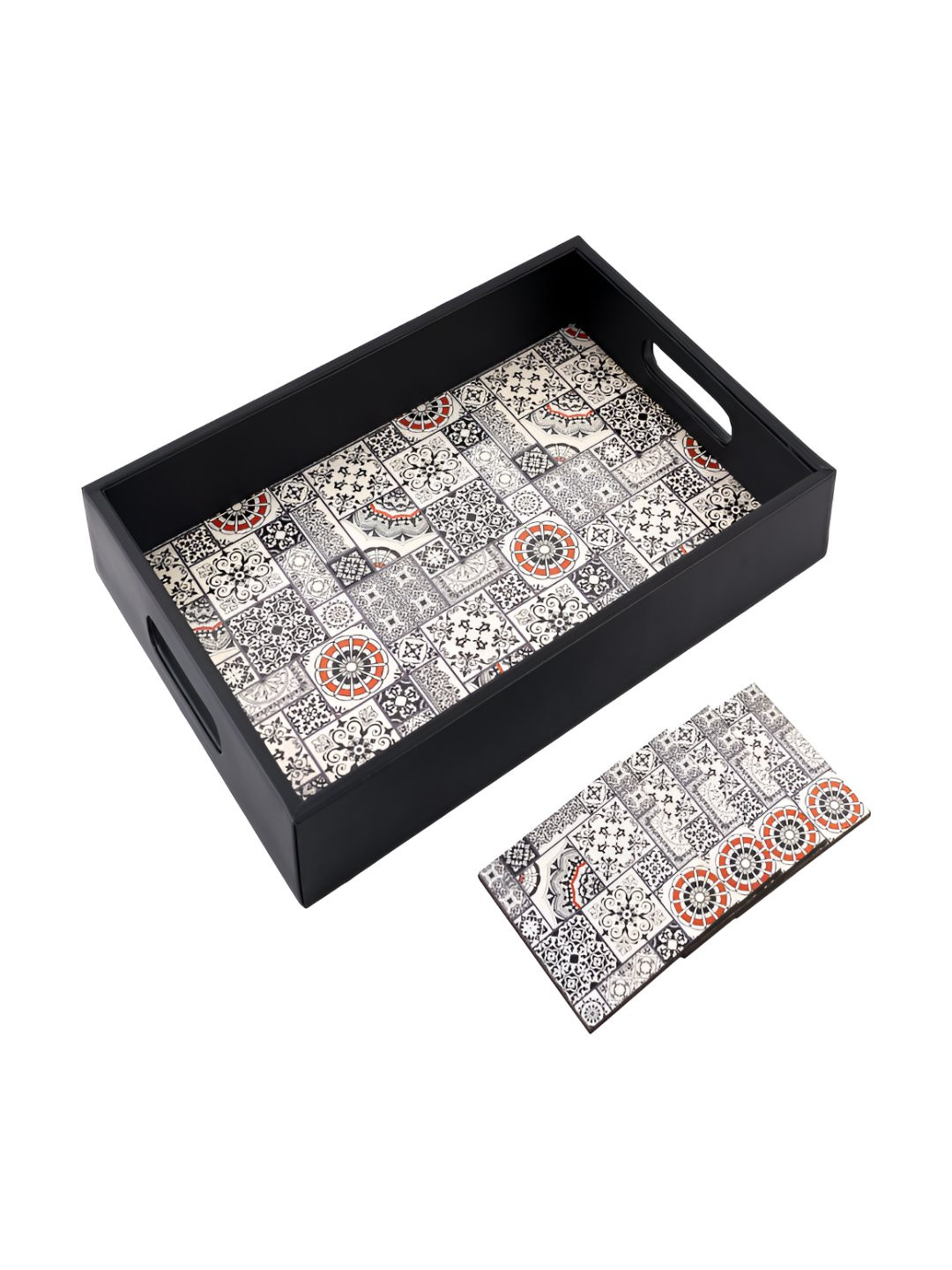 BIRCH & CO. Black & White Floral 5 Pieces Wooden Serving Tray With Coasters