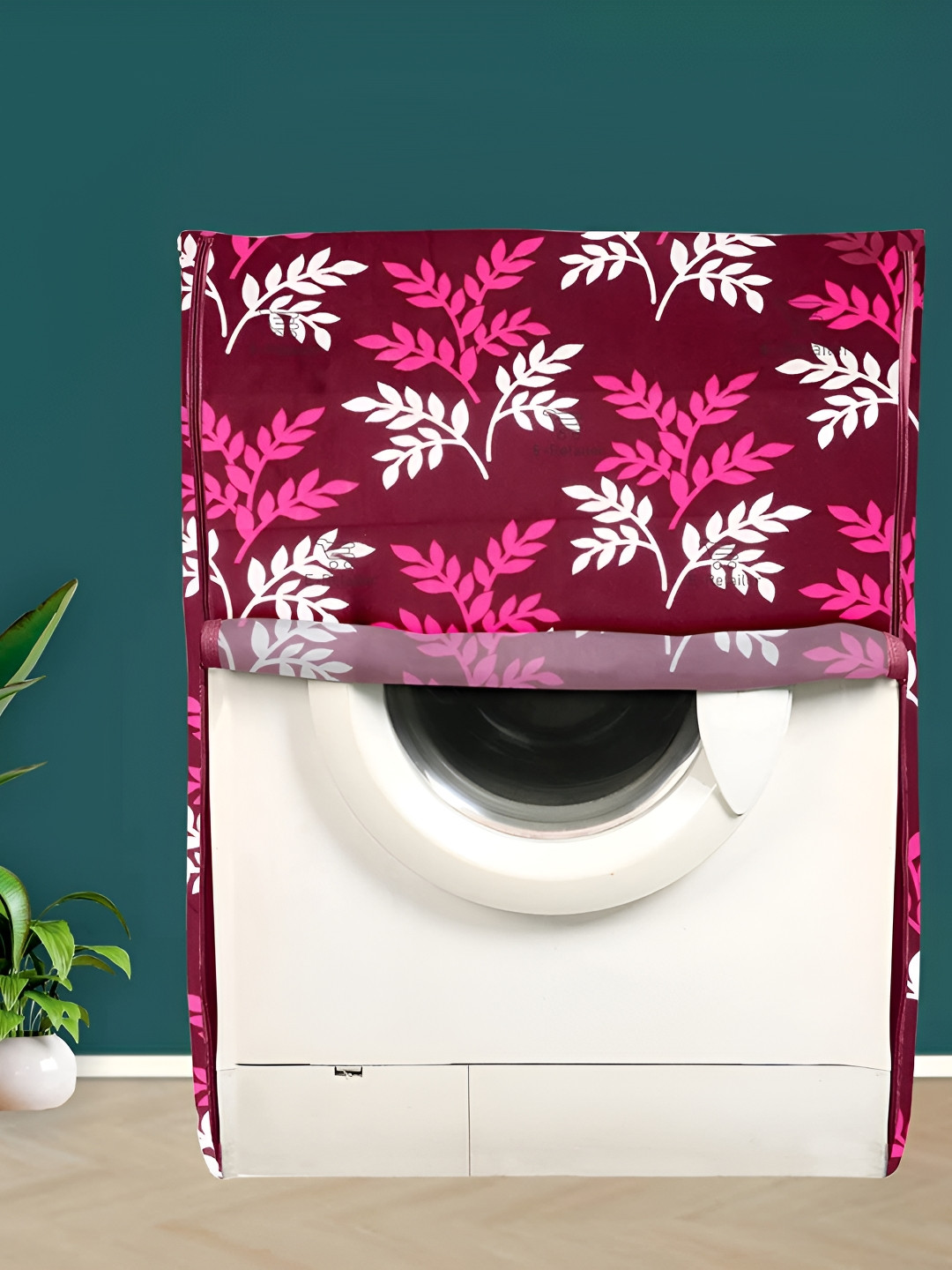 Dakshya Industries Maroon & White Leaf Printed Washing Machine Cover