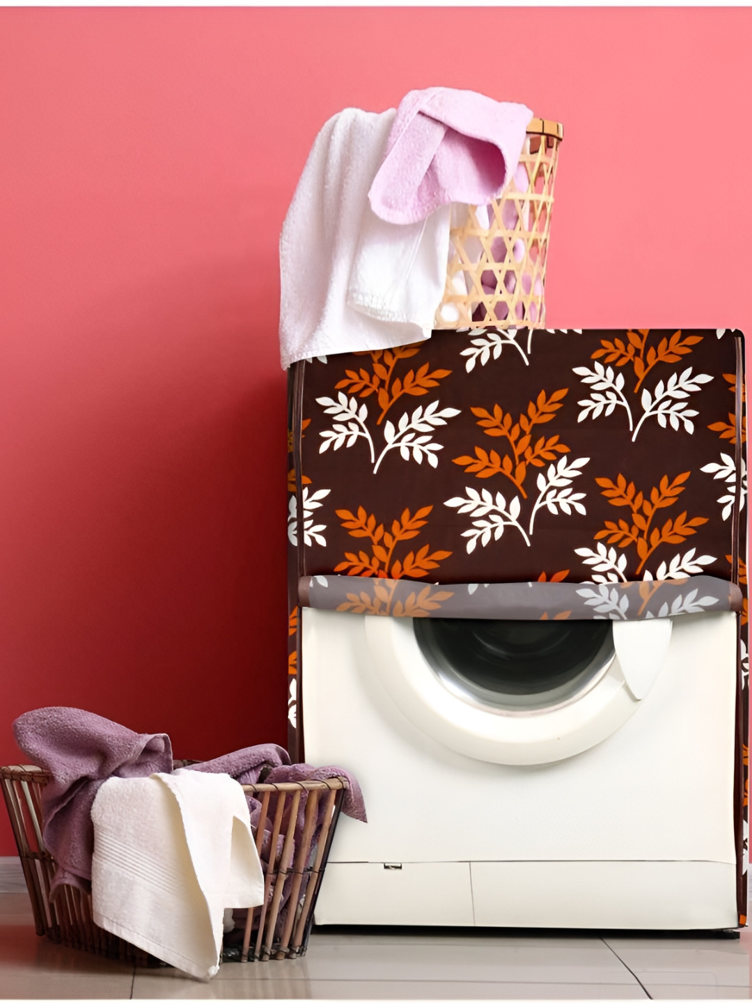 Dakshya Industries Brown & White Leaf Printed Washing Machine Cover