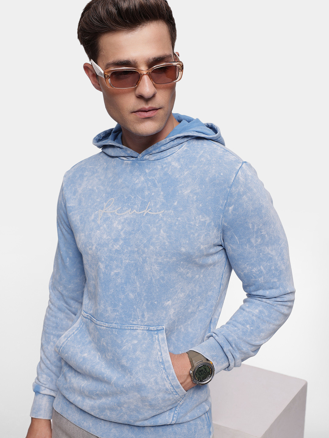 FCUK Acid Wash Printed Hooded Sweatshirt