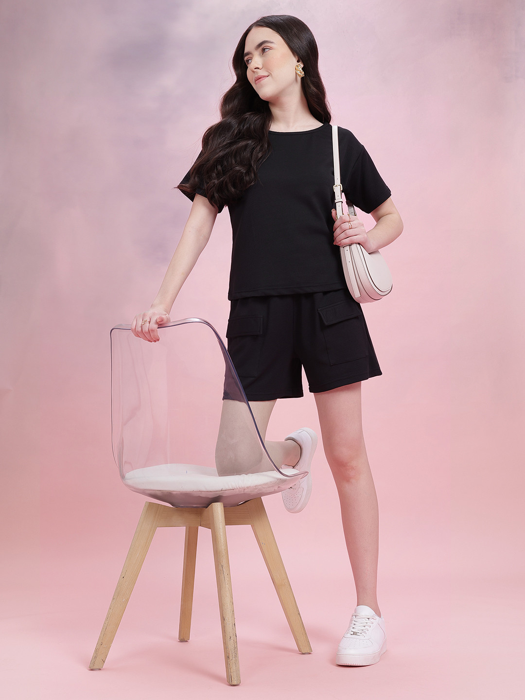 DressBerry Women Waffle Knit T-Shirt With Cargo Shorts Co-ords