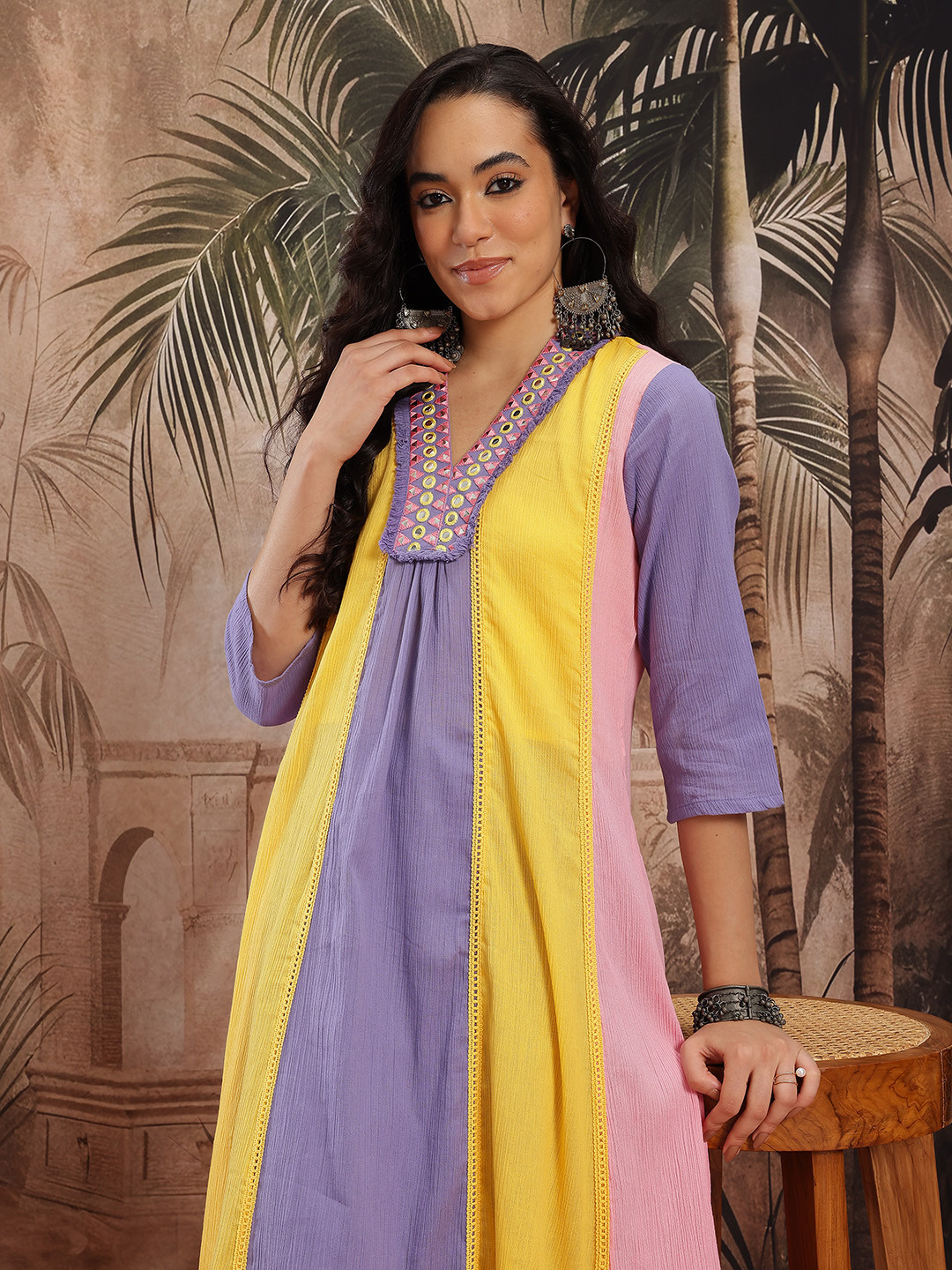 Sangria Colorblocked Lace Inserts Mirror Work Pure Cotton A-Line Kurta with Trousers
