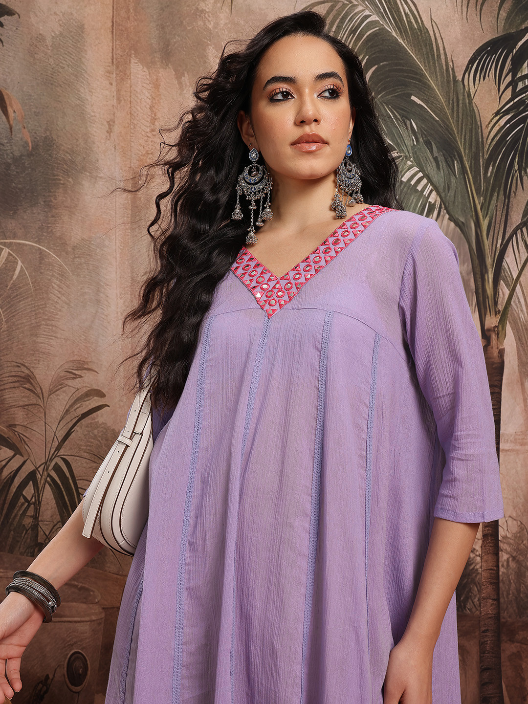 Sangria Mirror Work Lace Inserts Paneled A-line Ethnic Dress