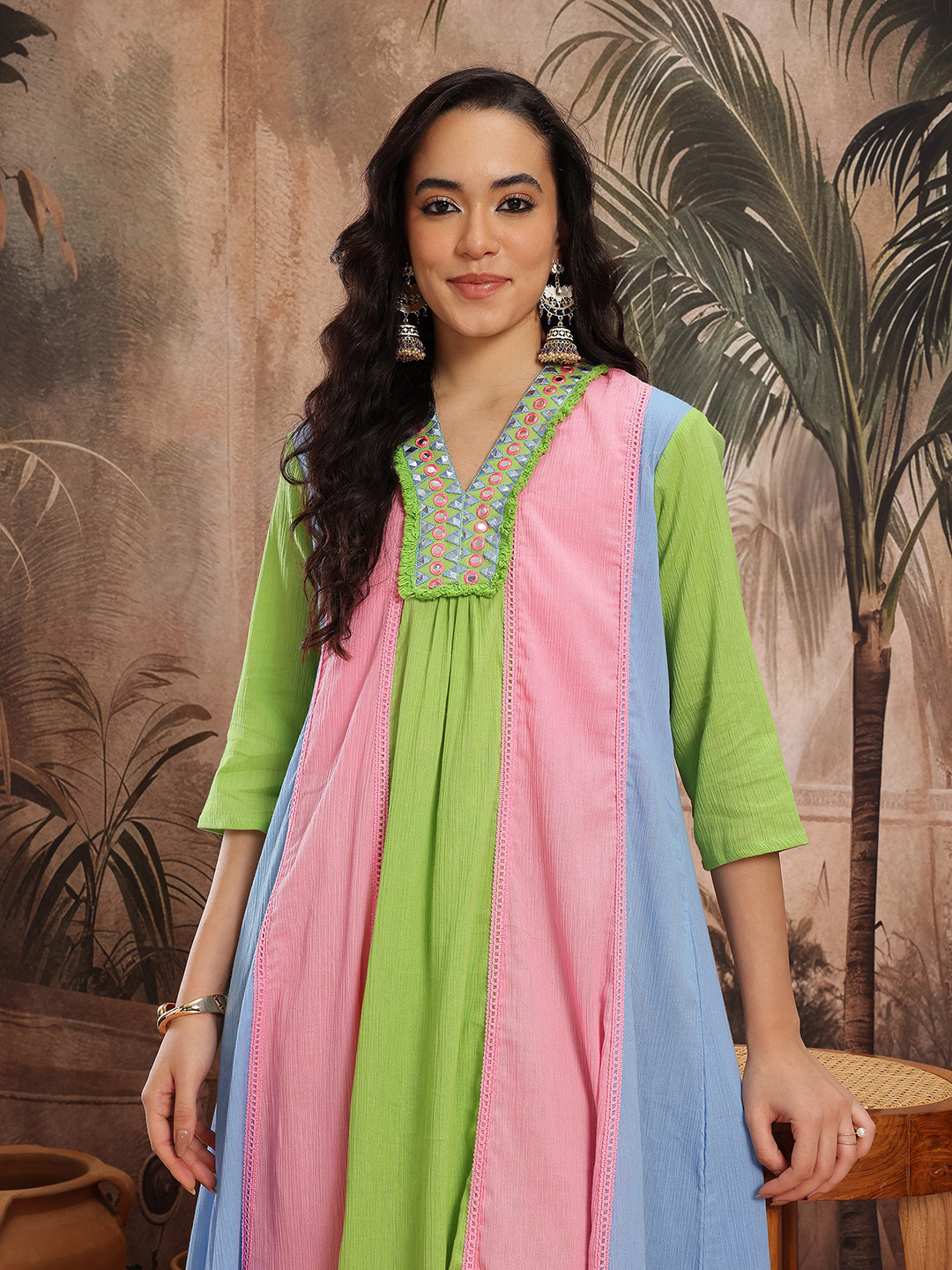 Sangria Colorblocked Lace Inserts Mirror Work Pure Cotton A-Line Kurta with Trousers