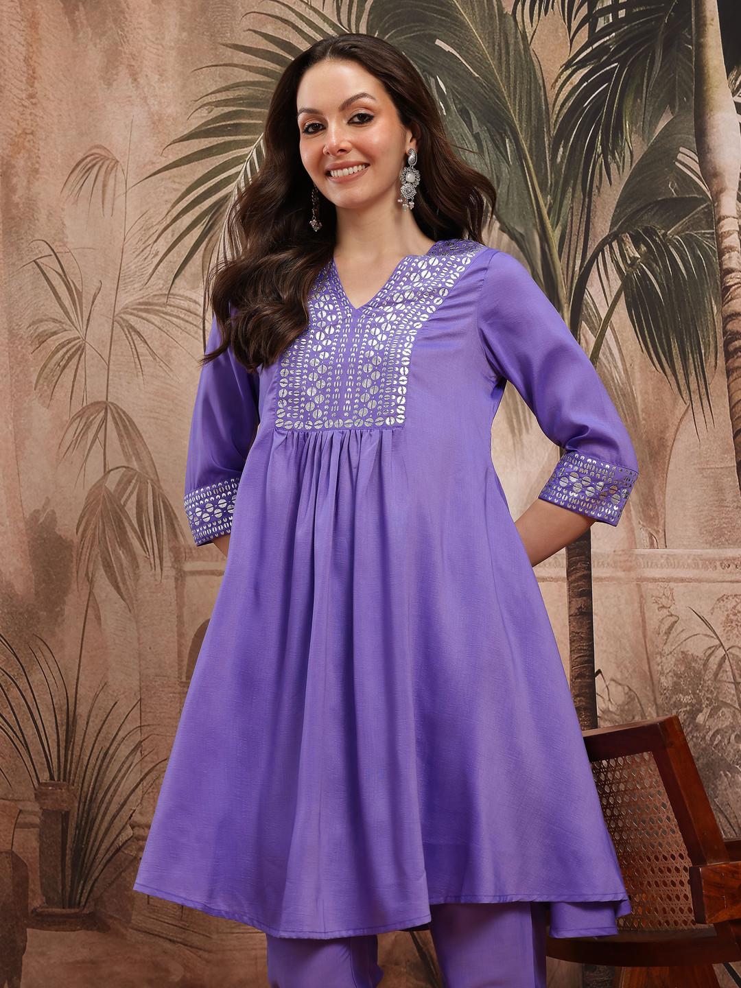 Sangria Geometric Yoke Design Foil Print Pleated Style A-Line Kurta with Trousers